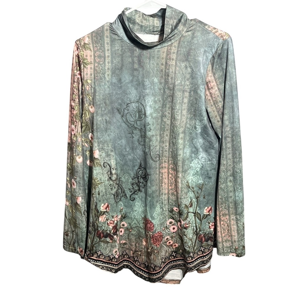 Women's Teal Pink Floral Paisley Mock Neck Long Sleeve Pullover Top‎ Size M